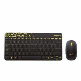 מקלדת למחשב נייד סט מקלדת ועכבר אלחוטי מבית Logitech דגם MK240 בצבע שחור משולב צהוב עם חריטה בעברית